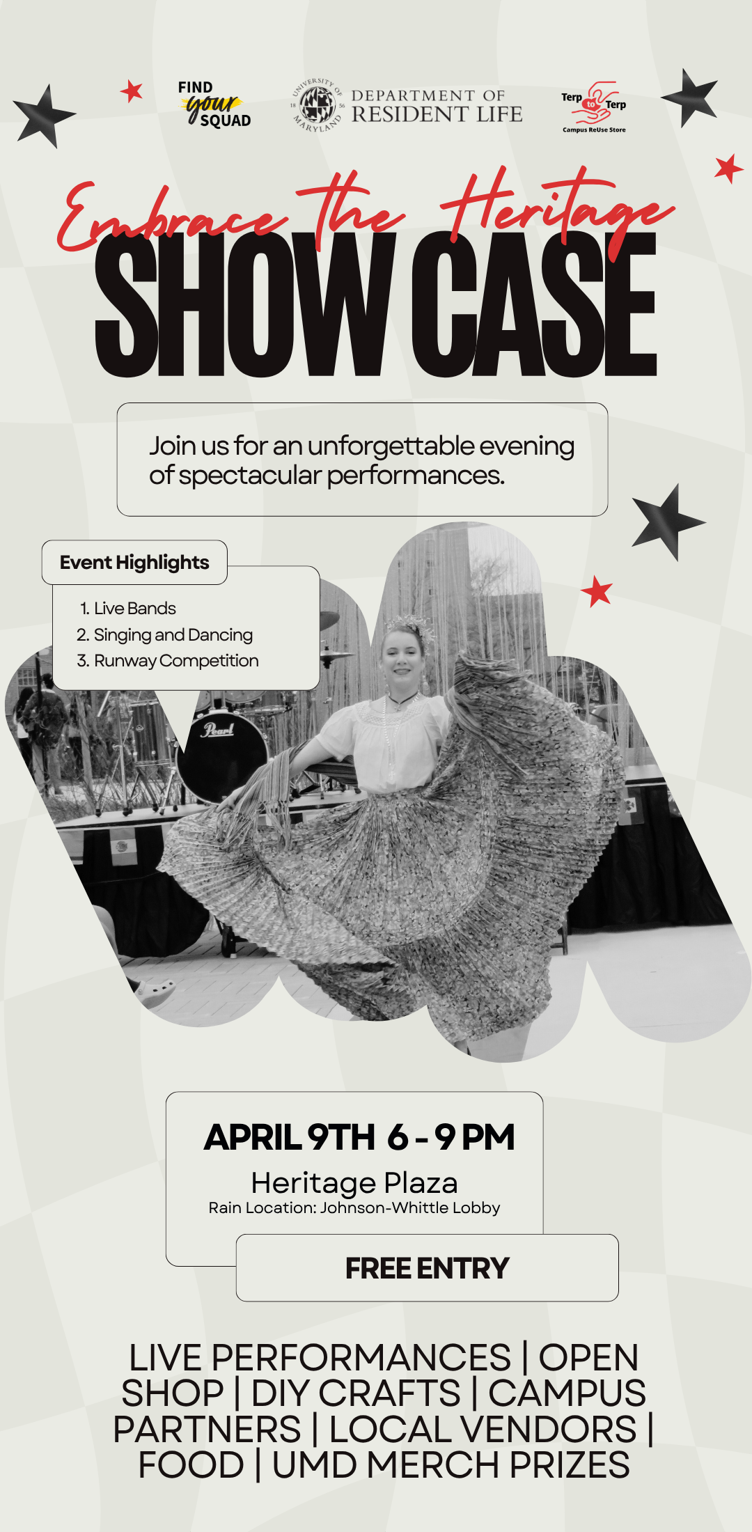 ResLife Heritage Week Show Case: April 9, 6-9 pm in Heritage Plaza