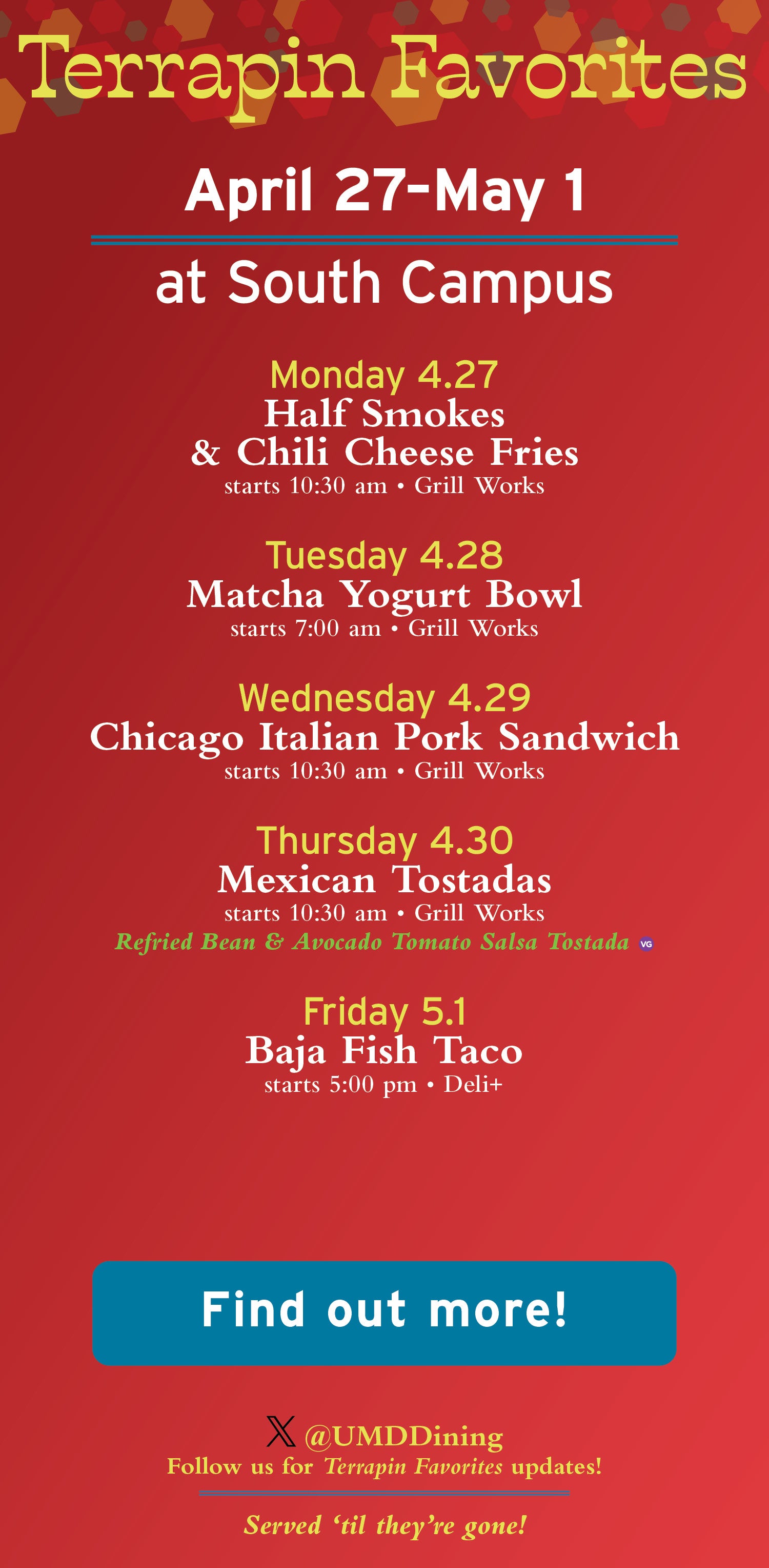 Terrapin Favorites at South Campus Dining Hall for April 27–May 1