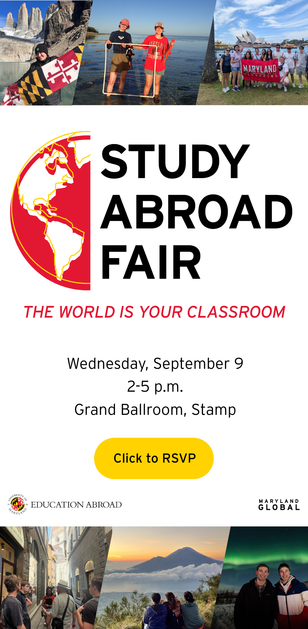 Study Abroad Fair, Wednesday September 9, 2-5 pm, Grand Ballroom Stamp